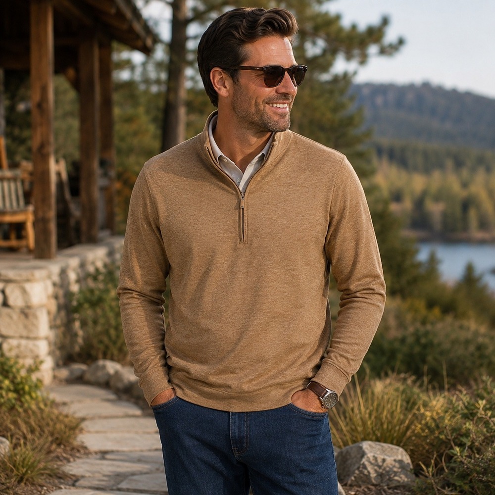 Peter Millar Mens XL Tan Heather Quarter Zip Pullover IF22K40 Cotton Modal Blend
